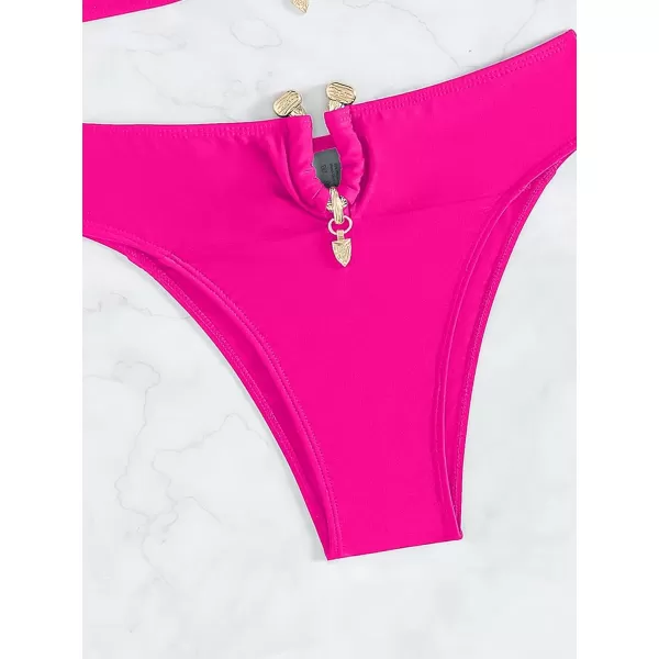WDIRARA Women's 2 Piece Sexy Metal Ring Bandeau Bikini Set High Waist Notch V Neck Swimsuit Y2K Bathing Suit