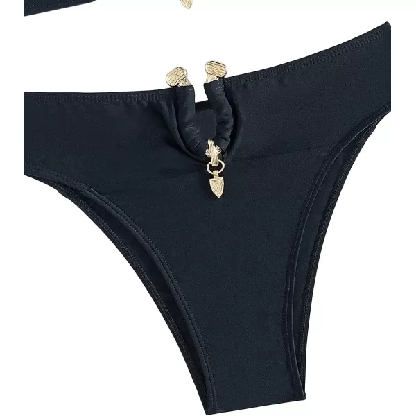 WDIRARA Women's 2 Piece Sexy Metal Ring Bandeau Bikini Set High Waist Notch V Neck Swimsuit Y2K Bathing Suit