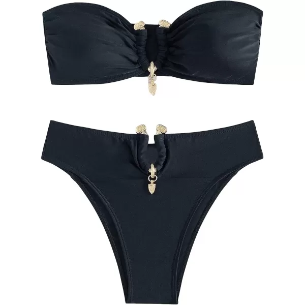 WDIRARA Women's 2 Piece Sexy Metal Ring Bandeau Bikini Set High Waist Notch V Neck Swimsuit Y2K Bathing Suit