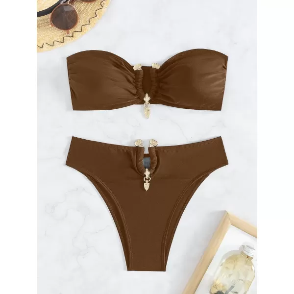 WDIRARA Women's 2 Piece Sexy Metal Ring Bandeau Bikini Set High Waist Notch V Neck Swimsuit Y2K Bathing Suit