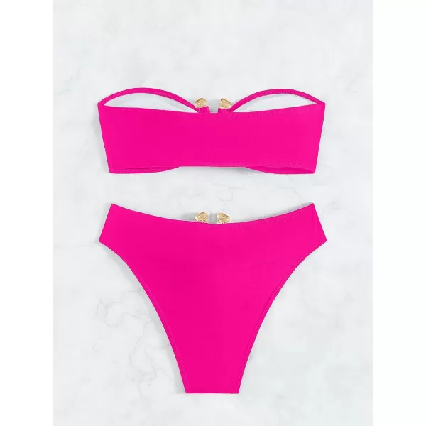 WDIRARA Women's 2 Piece Sexy Metal Ring Bandeau Bikini Set High Waist Notch V Neck Swimsuit Y2K Bathing Suit
