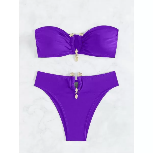 WDIRARA Women's 2 Piece Sexy Metal Ring Bandeau Bikini Set High Waist Notch V Neck Swimsuit Y2K Bathing Suit