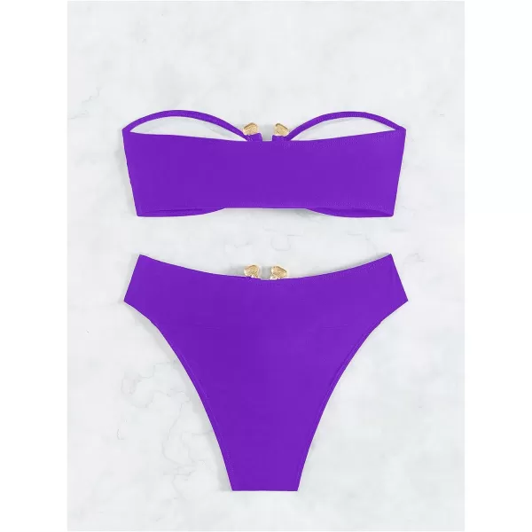 WDIRARA Women's 2 Piece Sexy Metal Ring Bandeau Bikini Set High Waist Notch V Neck Swimsuit Y2K Bathing Suit