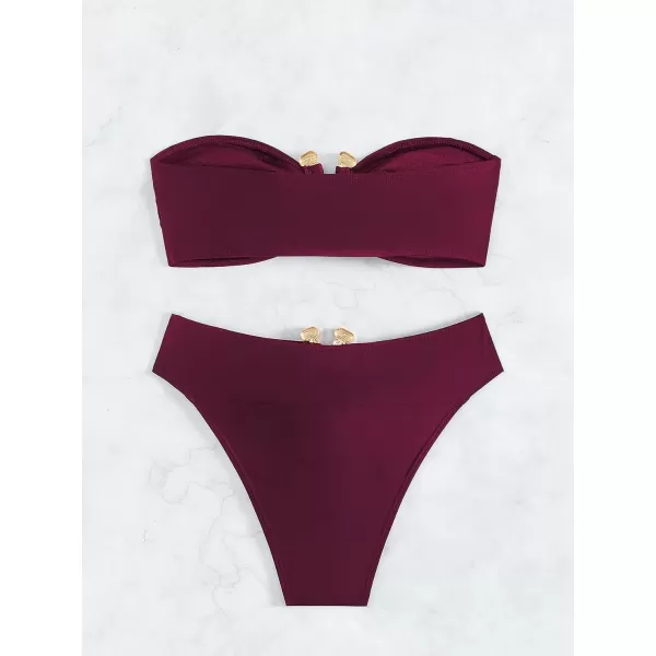 WDIRARA Women's 2 Piece Sexy Metal Ring Bandeau Bikini Set High Waist Notch V Neck Swimsuit Y2K Bathing Suit