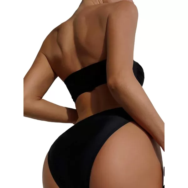 WDIRARA Women's 2 Piece Sexy Metal Ring Bandeau Bikini Set High Waist Notch V Neck Swimsuit Y2K Bathing Suit