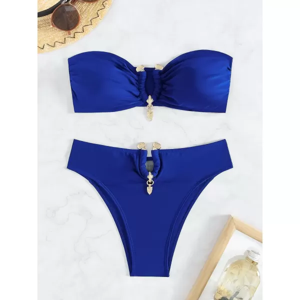 WDIRARA Women's 2 Piece Sexy Metal Ring Bandeau Bikini Set High Waist Notch V Neck Swimsuit Y2K Bathing Suit