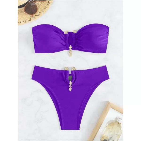 WDIRARA Women's 2 Piece Sexy Metal Ring Bandeau Bikini Set High Waist Notch V Neck Swimsuit Y2K Bathing Suit