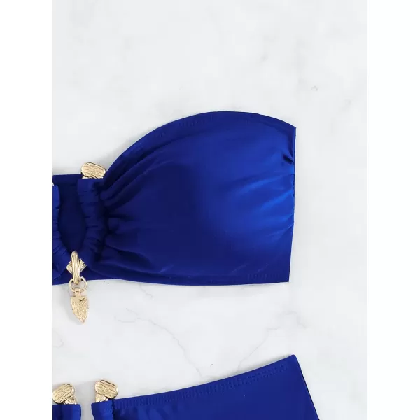 WDIRARA Women's 2 Piece Sexy Metal Ring Bandeau Bikini Set High Waist Notch V Neck Swimsuit Y2K Bathing Suit