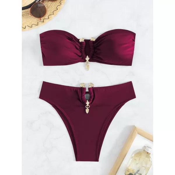WDIRARA Women's 2 Piece Sexy Metal Ring Bandeau Bikini Set High Waist Notch V Neck Swimsuit Y2K Bathing Suit