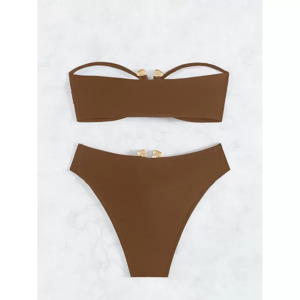 WDIRARA Women's 2 Piece Sexy Metal Ring Bandeau Bikini Set High Waist Notch V Neck Swimsuit Y2K Bathing Suit