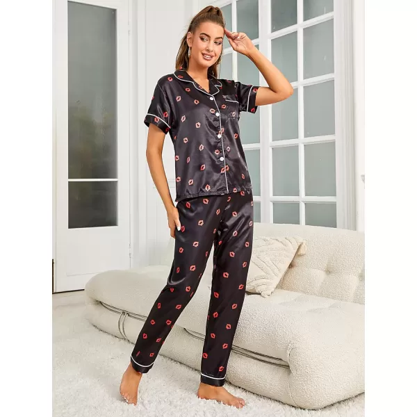 WDIRARA Women's 2 Piece Sleepwear Striped Satin Short Sleeve Shirt and Pants Pajama Set