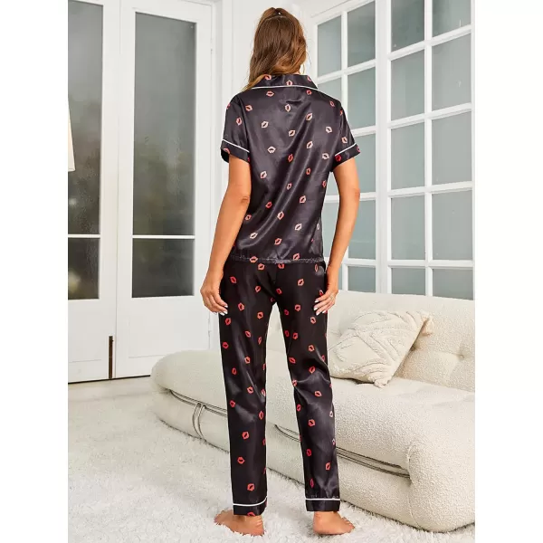WDIRARA Women's 2 Piece Sleepwear Striped Satin Short Sleeve Shirt and Pants Pajama Set