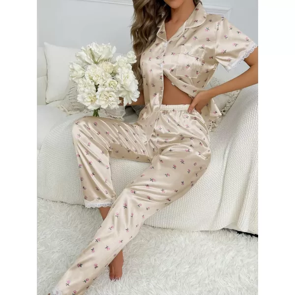 WDIRARA Women's 2 Piece Sleepwear Striped Satin Short Sleeve Shirt and Pants Pajama Set