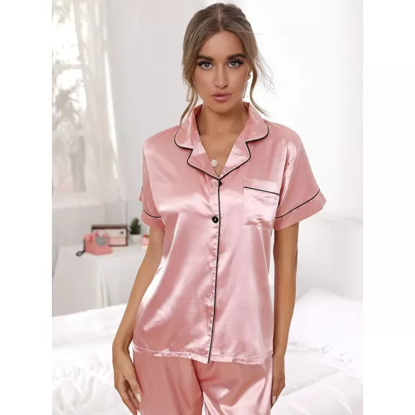 WDIRARA Women's 2 Piece Sleepwear Striped Satin Short Sleeve Shirt and Pants Pajama Set