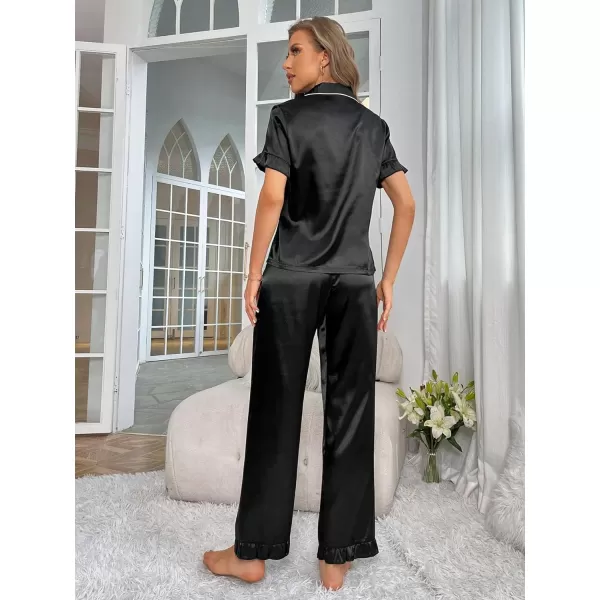 WDIRARA Women's 2 Piece Sleepwear Striped Satin Short Sleeve Shirt and Pants Pajama Set