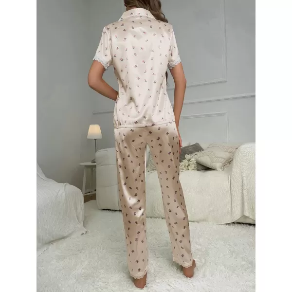 WDIRARA Women's 2 Piece Sleepwear Striped Satin Short Sleeve Shirt and Pants Pajama Set