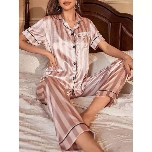 WDIRARA Women's 2 Piece Sleepwear Striped Satin Short Sleeve Shirt and Pants Pajama Set