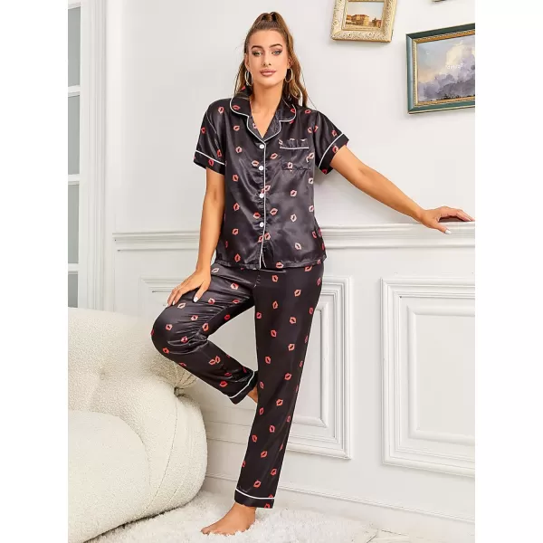 WDIRARA Women's 2 Piece Sleepwear Striped Satin Short Sleeve Shirt and Pants Pajama Set