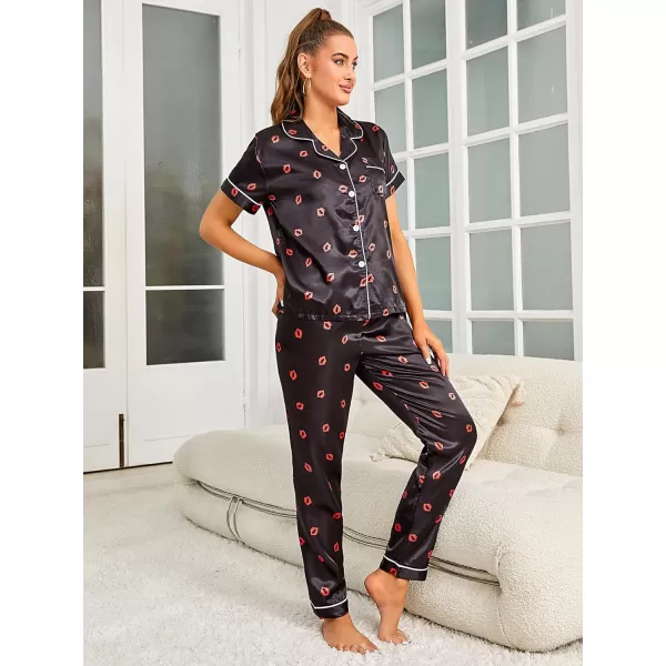 WDIRARA Women's 2 Piece Sleepwear Striped Satin Short Sleeve Shirt and Pants Pajama Set