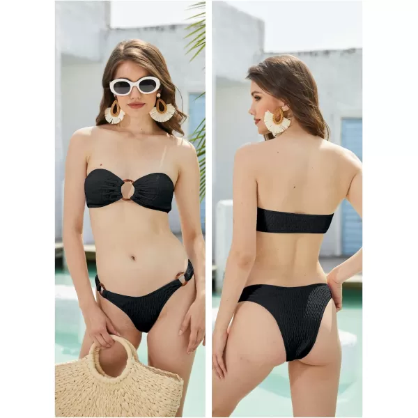 WDIRARA Women's 2 Piece Strapless Smocked Ring Bandeau Bikini Set Swimsuit Bathing Suits