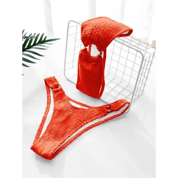 WDIRARA Women's 2 Piece Strapless Smocked Ring Bandeau Bikini Set Swimsuit Bathing Suits