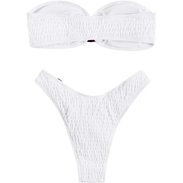 WDIRARA Women's 2 Piece Strapless Smocked Ring Bandeau Bikini Set Swimsuit Bathing Suits
