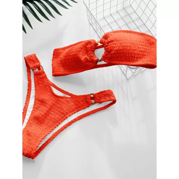WDIRARA Women's 2 Piece Strapless Smocked Ring Bandeau Bikini Set Swimsuit Bathing Suits