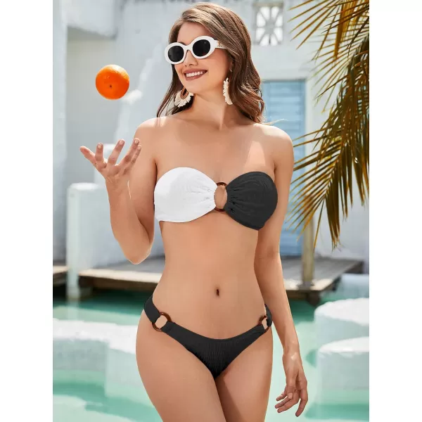 WDIRARA Women's 2 Piece Strapless Smocked Ring Bandeau Bikini Set Swimsuit Bathing Suits