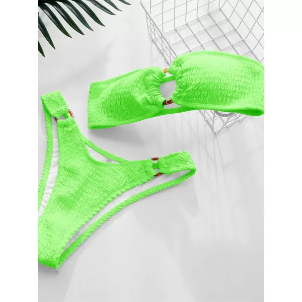 WDIRARA Women's 2 Piece Strapless Smocked Ring Bandeau Bikini Set Swimsuit Bathing Suits