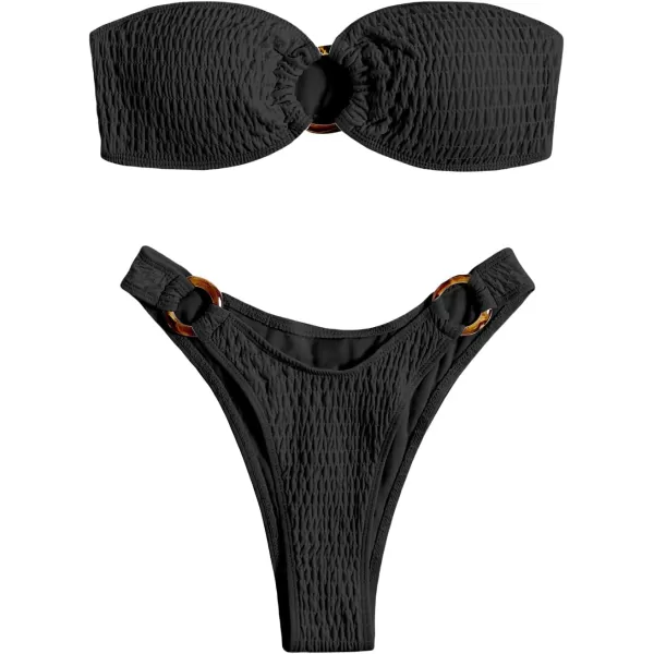 WDIRARA Women's 2 Piece Strapless Smocked Ring Bandeau Bikini Set Swimsuit Bathing Suits