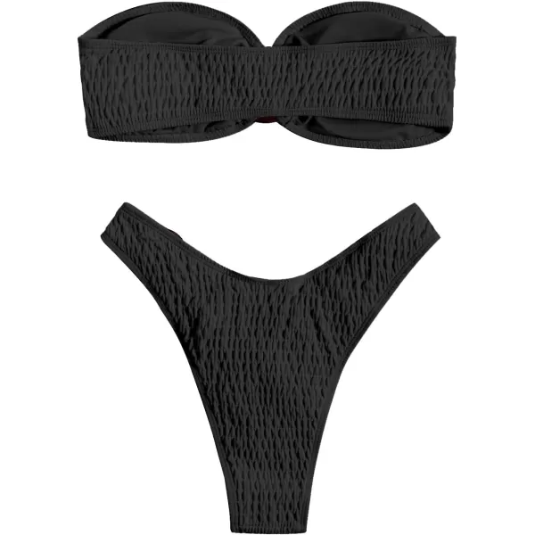 WDIRARA Women's 2 Piece Strapless Smocked Ring Bandeau Bikini Set Swimsuit Bathing Suits