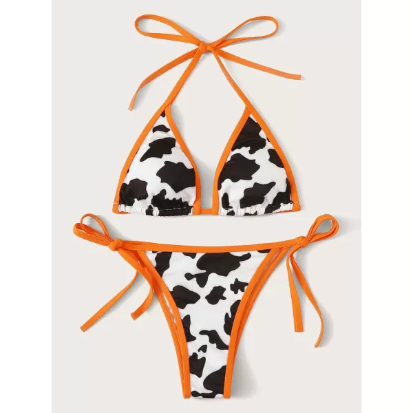 WDIRARA Women's 2 Piece Swimsuit Set Cow Print Halter Triangle Swimwear Bikini Set