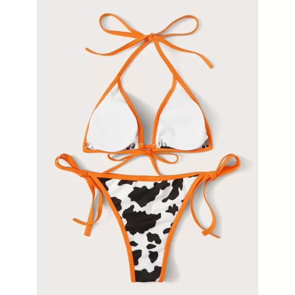 WDIRARA Women's 2 Piece Swimsuit Set Cow Print Halter Triangle Swimwear Bikini Set
