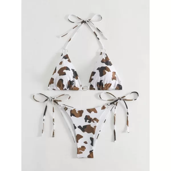 WDIRARA Women's 2 Piece Swimsuit Set Cow Print Halter Triangle Swimwear Bikini Set