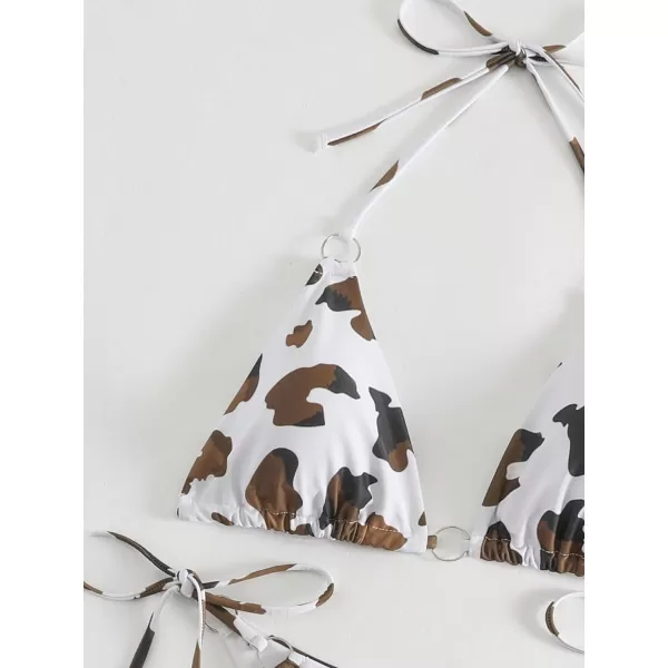 WDIRARA Women's 2 Piece Swimsuit Set Cow Print Halter Triangle Swimwear Bikini Set
