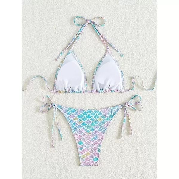 WDIRARA Women's 2 Piece Swimsuits Halter String Triangle Bikini Set Fish Scale Print Beach Bathing Suit