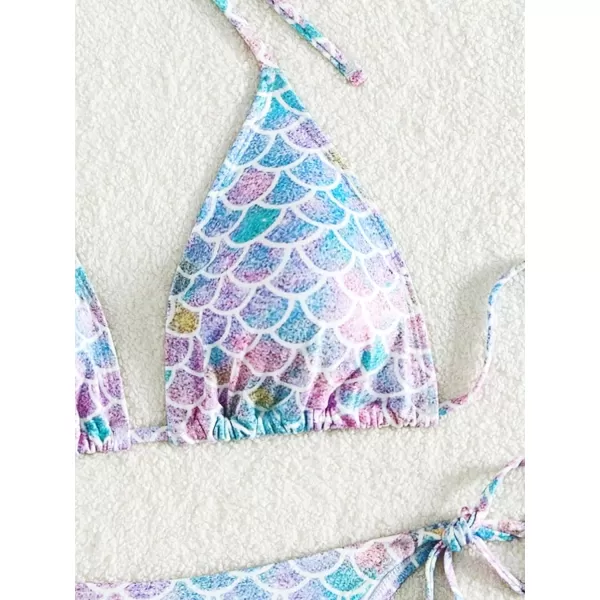 WDIRARA Women's 2 Piece Swimsuits Halter String Triangle Bikini Set Fish Scale Print Beach Bathing Suit