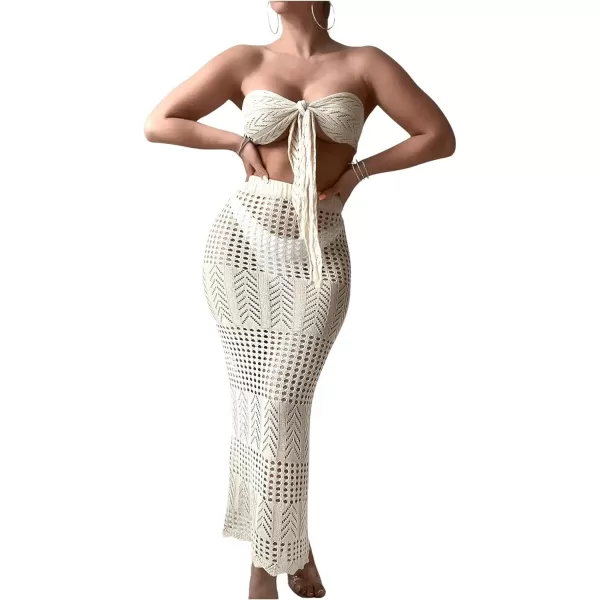 WDIRARA Women's 2 Piece Swimwear Strapless Tie Front Hollow Out Knit Cover Up Set