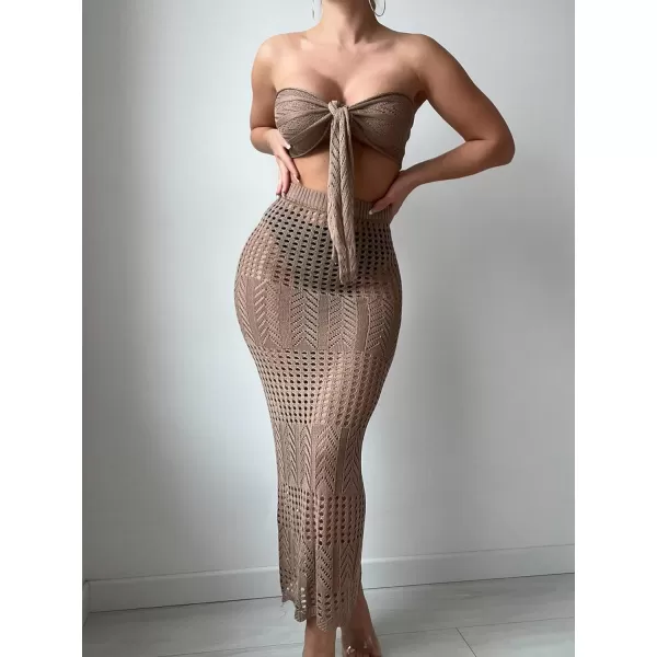 WDIRARA Women's 2 Piece Swimwear Strapless Tie Front Hollow Out Knit Cover Up Set