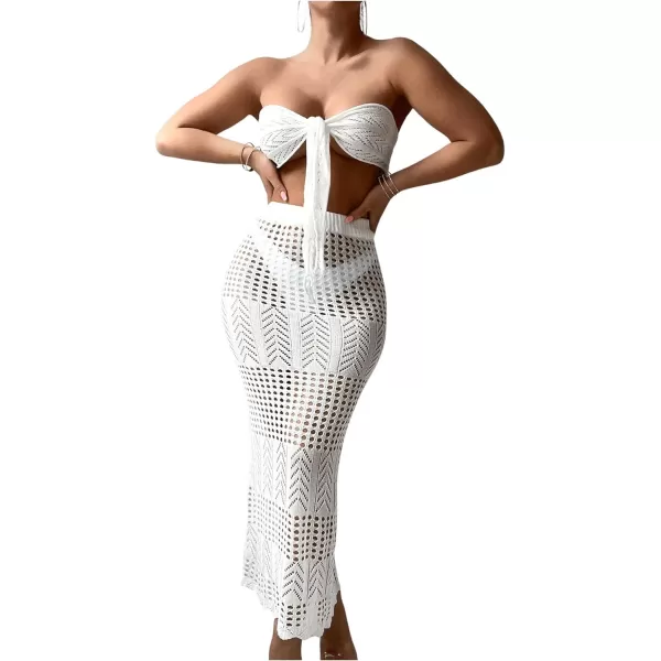 WDIRARA Women's 2 Piece Swimwear Strapless Tie Front Hollow Out Knit Cover Up Set