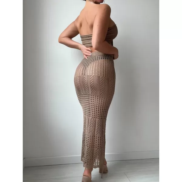 WDIRARA Women's 2 Piece Swimwear Strapless Tie Front Hollow Out Knit Cover Up Set