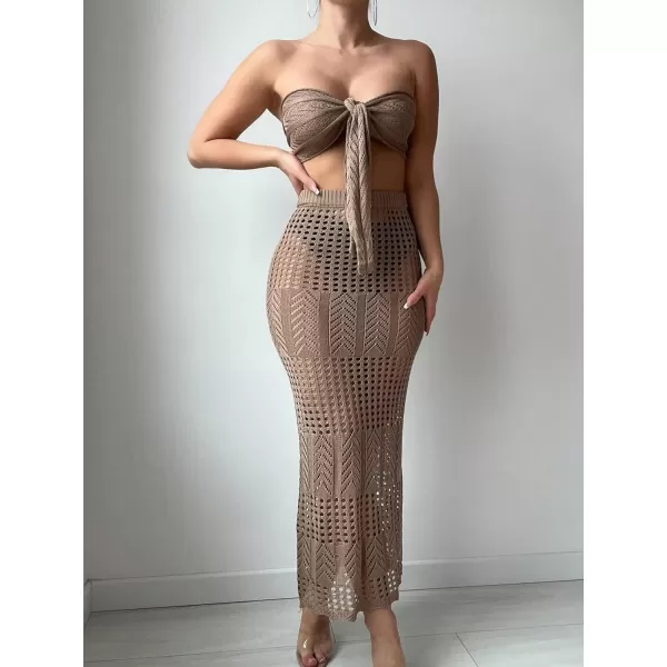 WDIRARA Women's 2 Piece Swimwear Strapless Tie Front Hollow Out Knit Cover Up Set