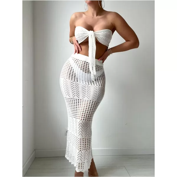 WDIRARA Women's 2 Piece Swimwear Strapless Tie Front Hollow Out Knit Cover Up Set