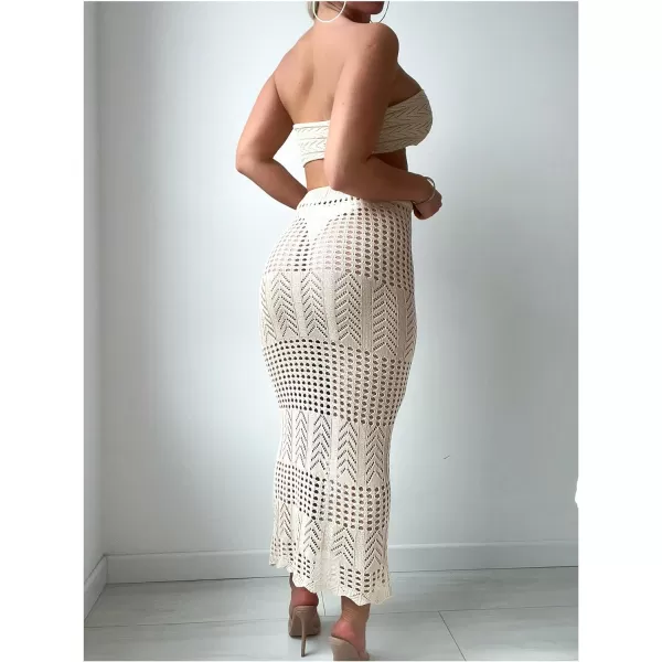 WDIRARA Women's 2 Piece Swimwear Strapless Tie Front Hollow Out Knit Cover Up Set