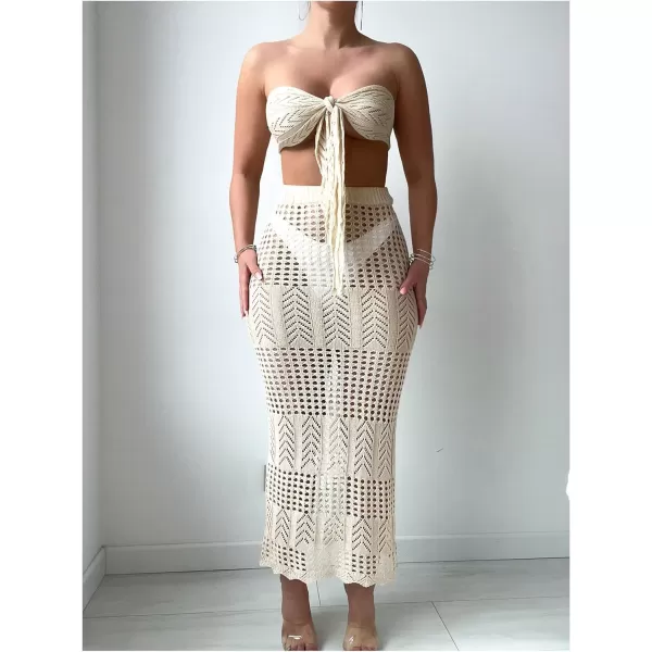 WDIRARA Women's 2 Piece Swimwear Strapless Tie Front Hollow Out Knit Cover Up Set