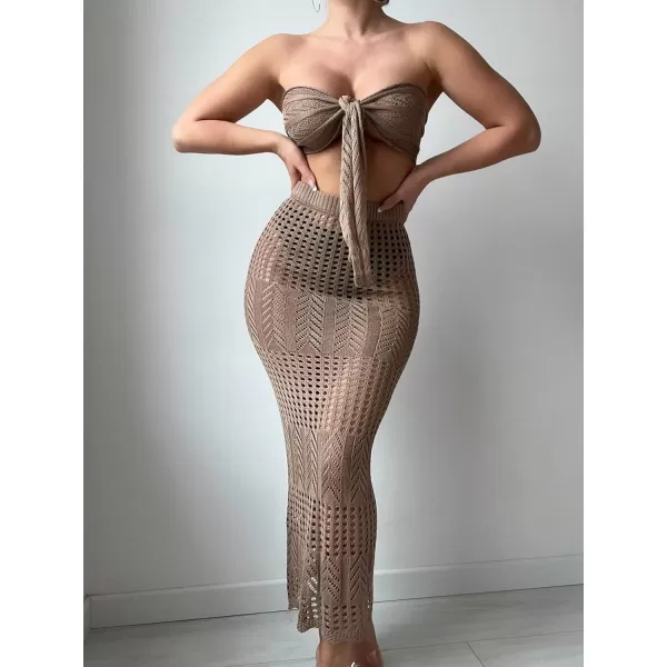 WDIRARA Women's 2 Piece Swimwear Strapless Tie Front Hollow Out Knit Cover Up Set