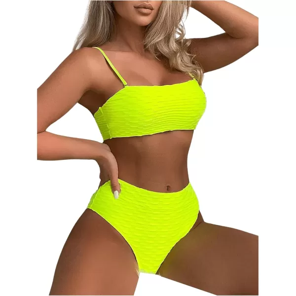 WDIRARA Women's 2 Piece Textured Bikini Set High Waist Wireless Bra Bathing Suits Swimsuit