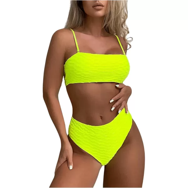 WDIRARA Women's 2 Piece Textured Bikini Set High Waist Wireless Bra Bathing Suits Swimsuit