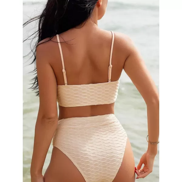 WDIRARA Women's 2 Piece Textured Bikini Set High Waist Wireless Bra Bathing Suits Swimsuit