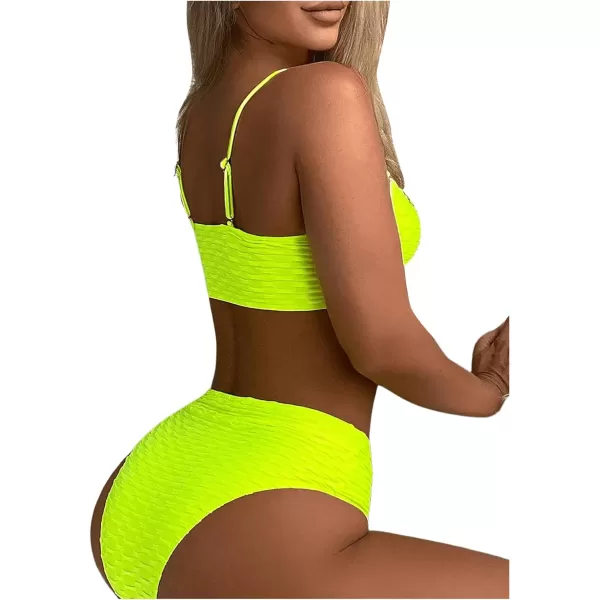 WDIRARA Women's 2 Piece Textured Bikini Set High Waist Wireless Bra Bathing Suits Swimsuit